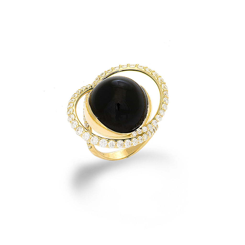 Black Coral Ring with Diamonds in 18K Yellow Gold