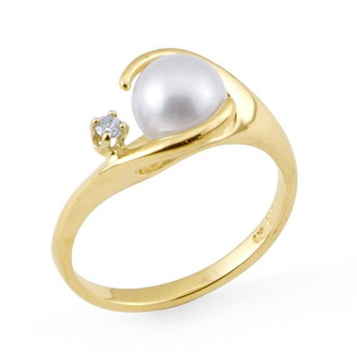 Akoya Pearl Ring with Diamond in 14K Yellow Gold (7-7.5mm)