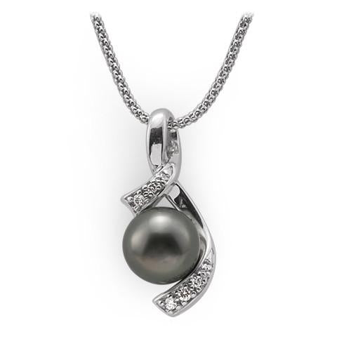 Tahitian Black Pearl Necklace with Diamonds in 14K White Gold (10-11mm)