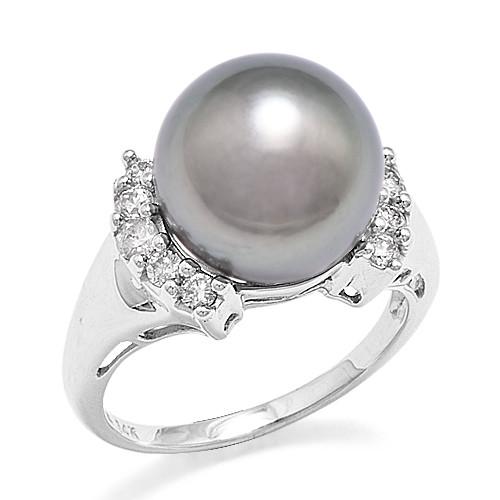 Tahitian Black Pearl Ring with Diamonds in 14K White Gold (12-13mm)