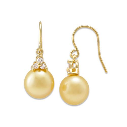 South Sea Golden Pearl Earrings with Diamonds in 14K Yellow Gold (9-10mm)