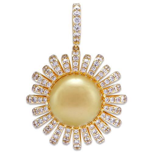South Sea Golden Pearl Pendant with Diamonds in 14K Yellow Gold (13-14mm)