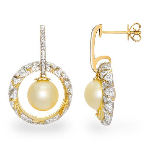 South Sea Golden Pearl Earrings with Diamonds in 14K Yellow Gold (9-10mm)