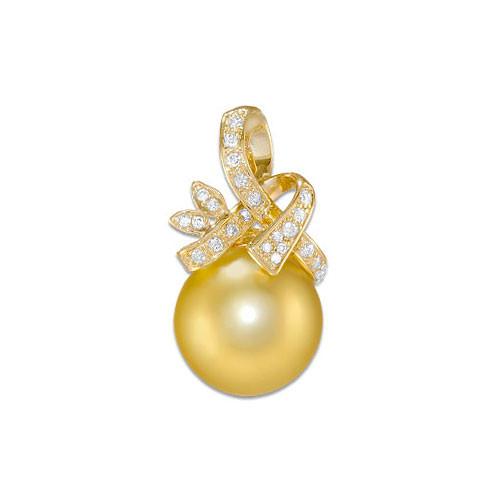 South Sea Golden Pearl Pendant with Diamonds in 14K Yellow Gold (12-13mm)