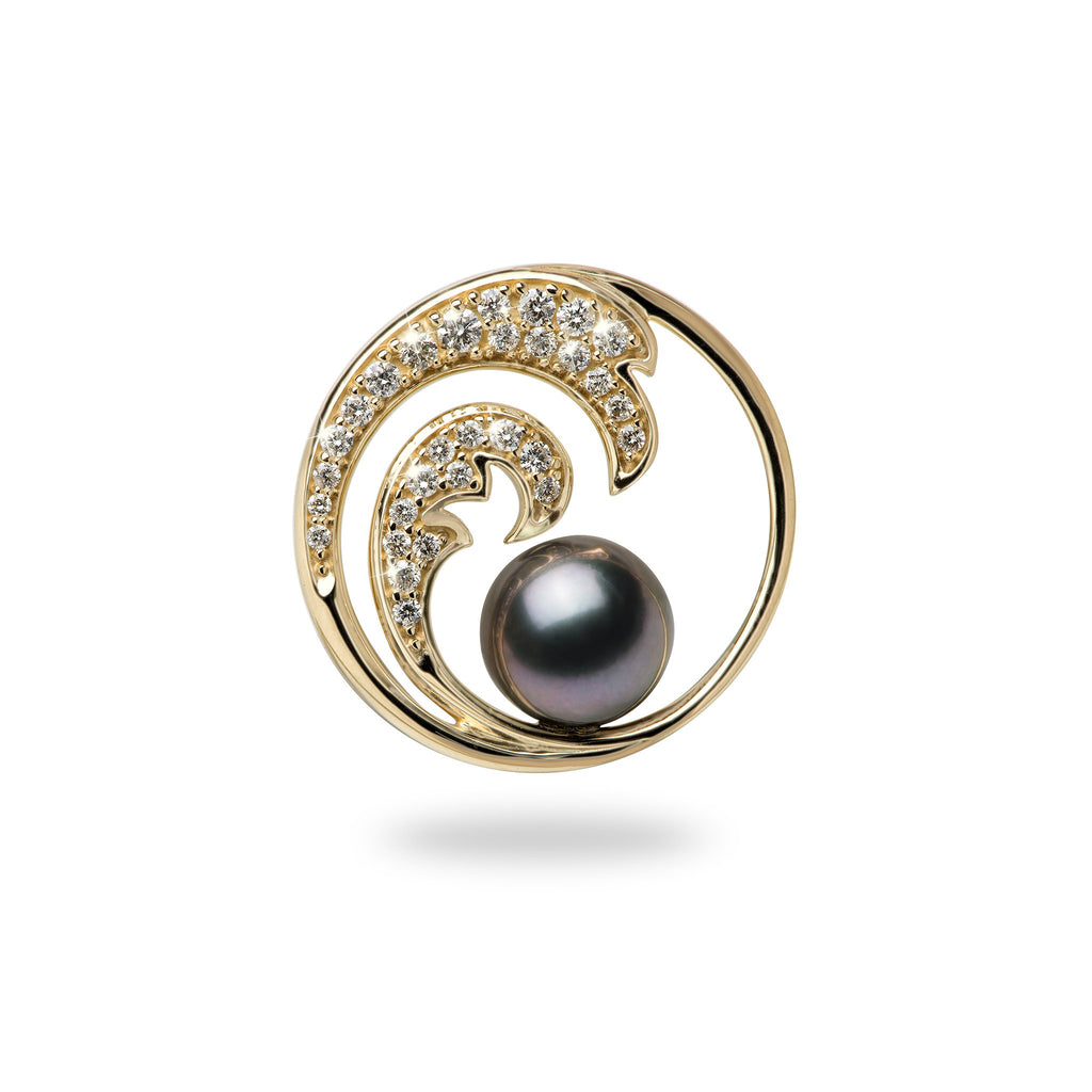 tahitian black pearl yellow gold wave pendant with diamonds