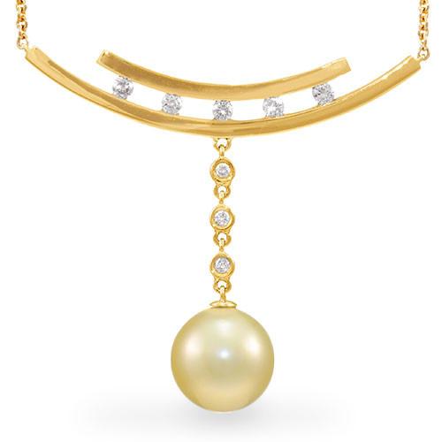 South Sea Golden Pearl Necklace with Diamonds in 14K Yellow Gold (11-12mm)