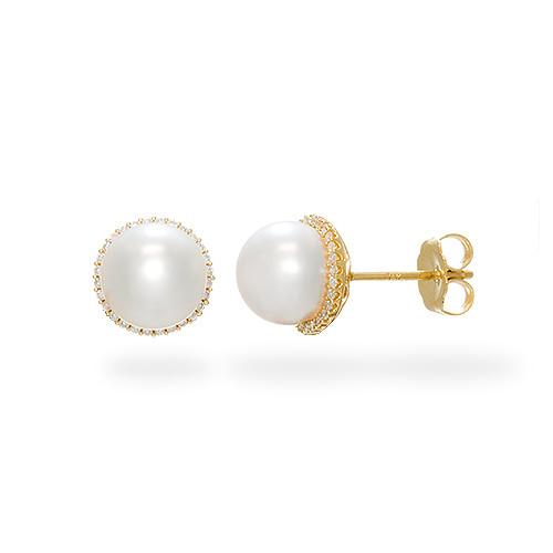 Akoya Pearl Earrings with Diamonds in 14K Yellow Gold (8-8.5mm)