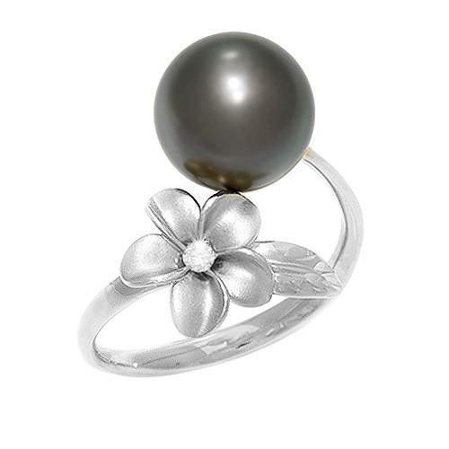 Tahitian Black Pearl Ring with Diamond in 14K White Gold (10-11mm) 006-14351