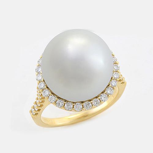 Halo South Sea Pearl Ring with Diamonds in 14K Yellow Gold (14-15mm) 006-14411
