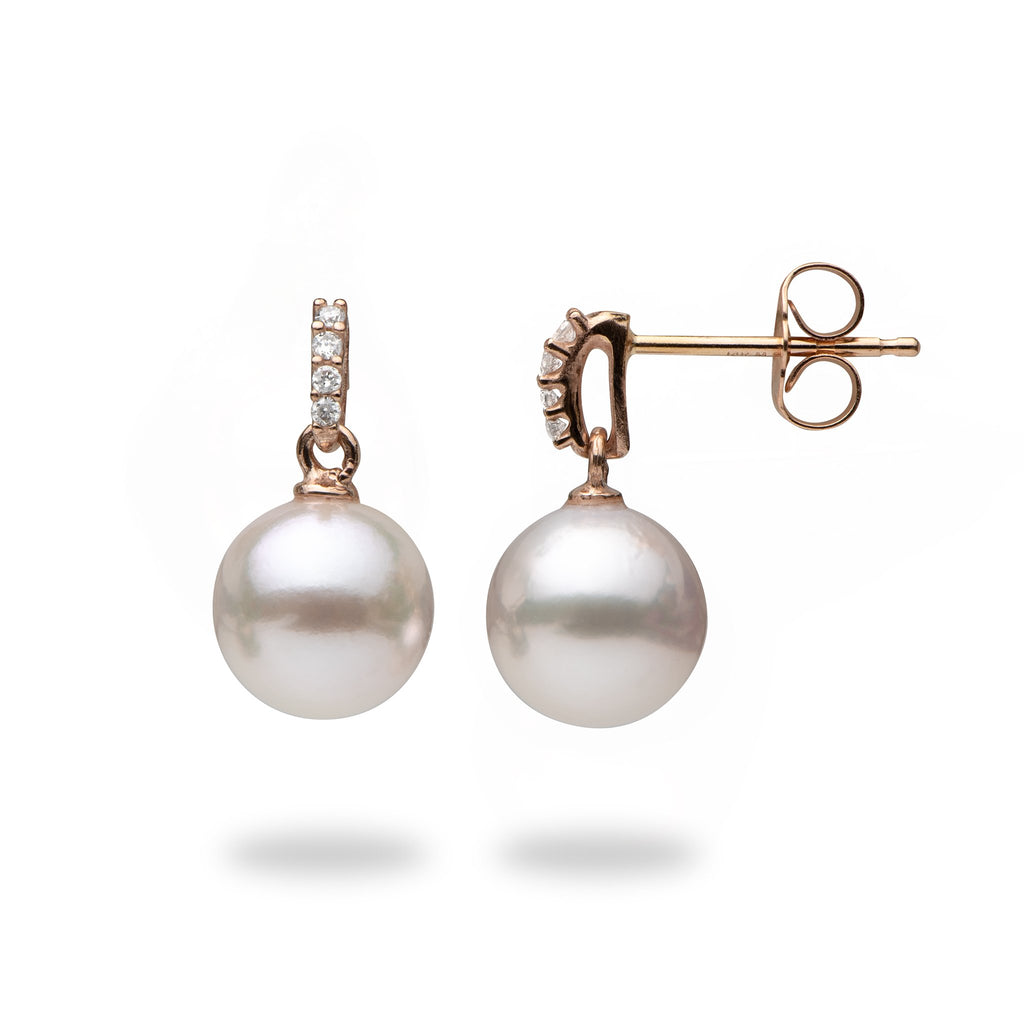 Akoya White Pearl Earrings in 14K Rose Gold with Diamonds