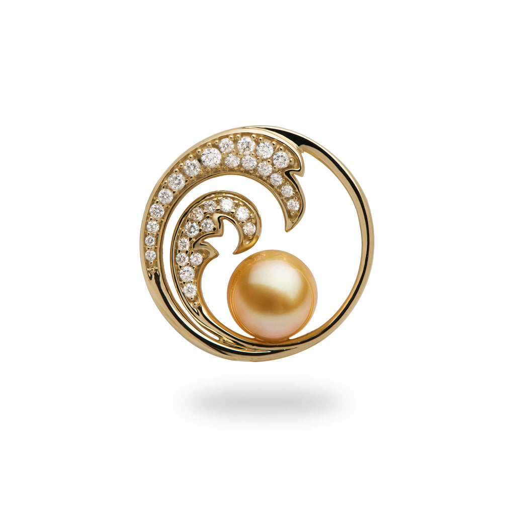 south sea pearl yellow gold wave pendant with diamonds