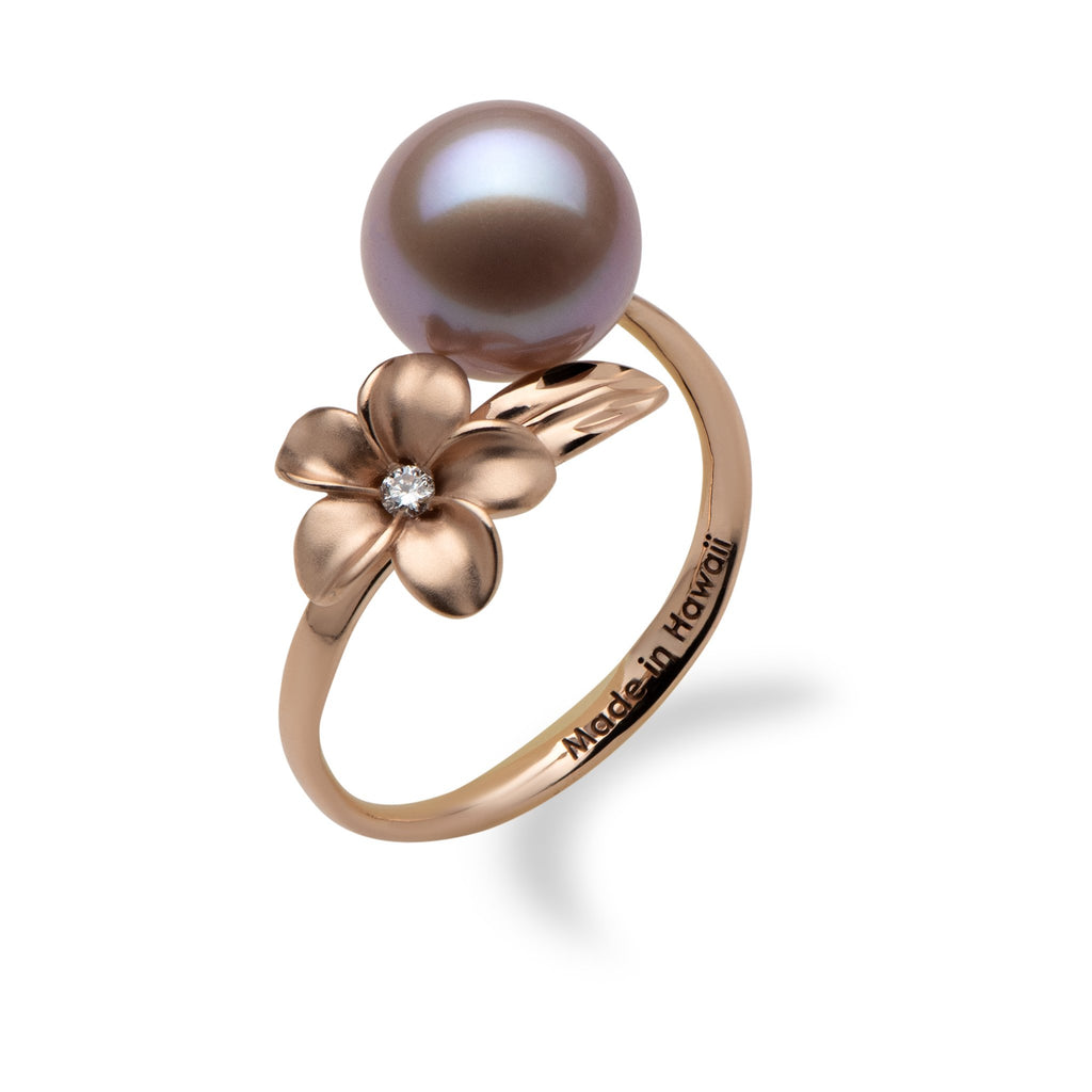 Lilac Freshwater Pearl Plumeria Ring in 14K Rose Gold with Diamond