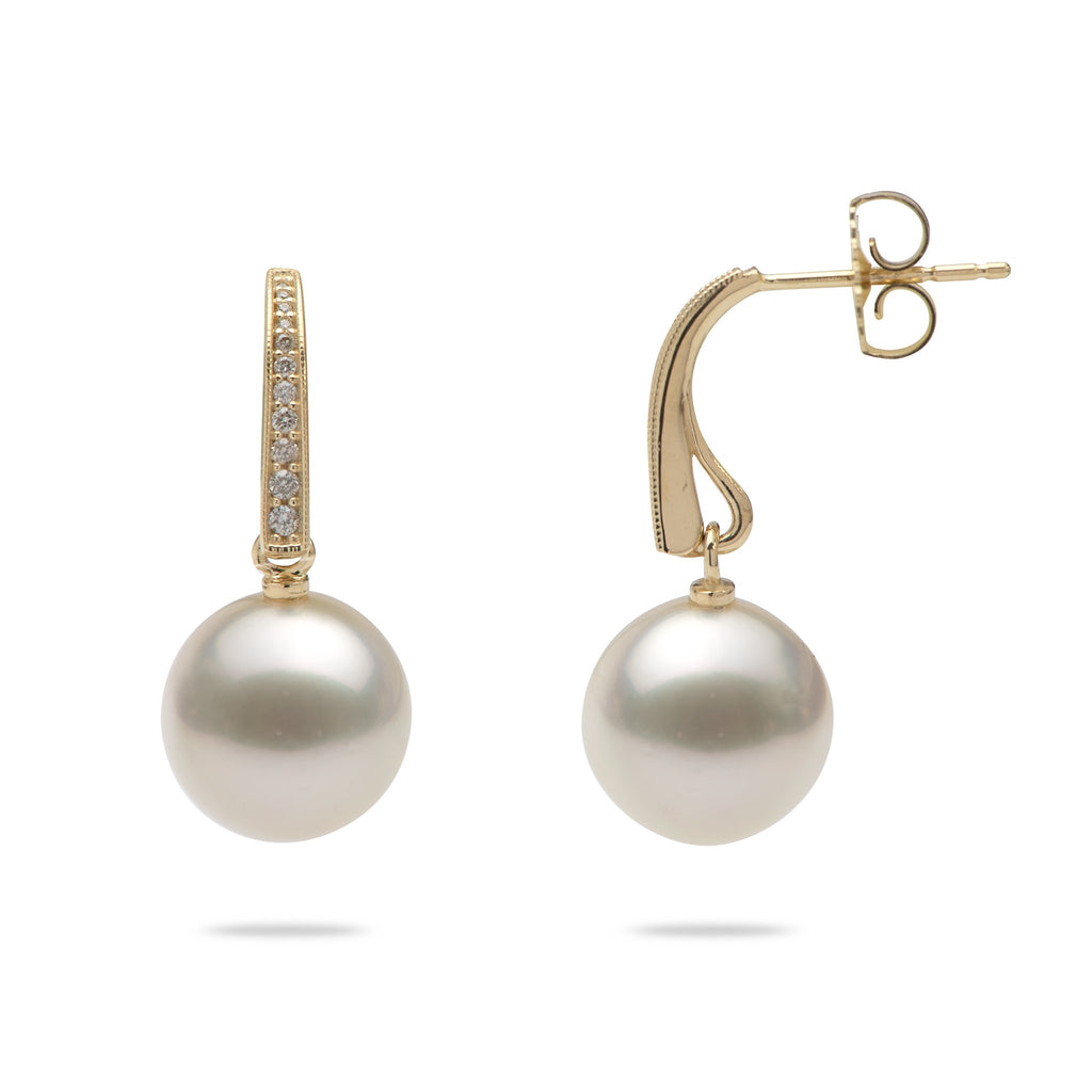 South Sea White Pearl (11-12mm) Earrings in 14K Yellow Gold with Diamonds