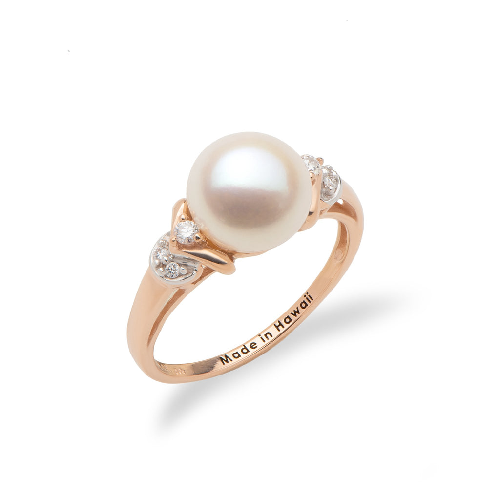 White Freshwater Pearl Ring in 14K Rose Gold with Diamonds