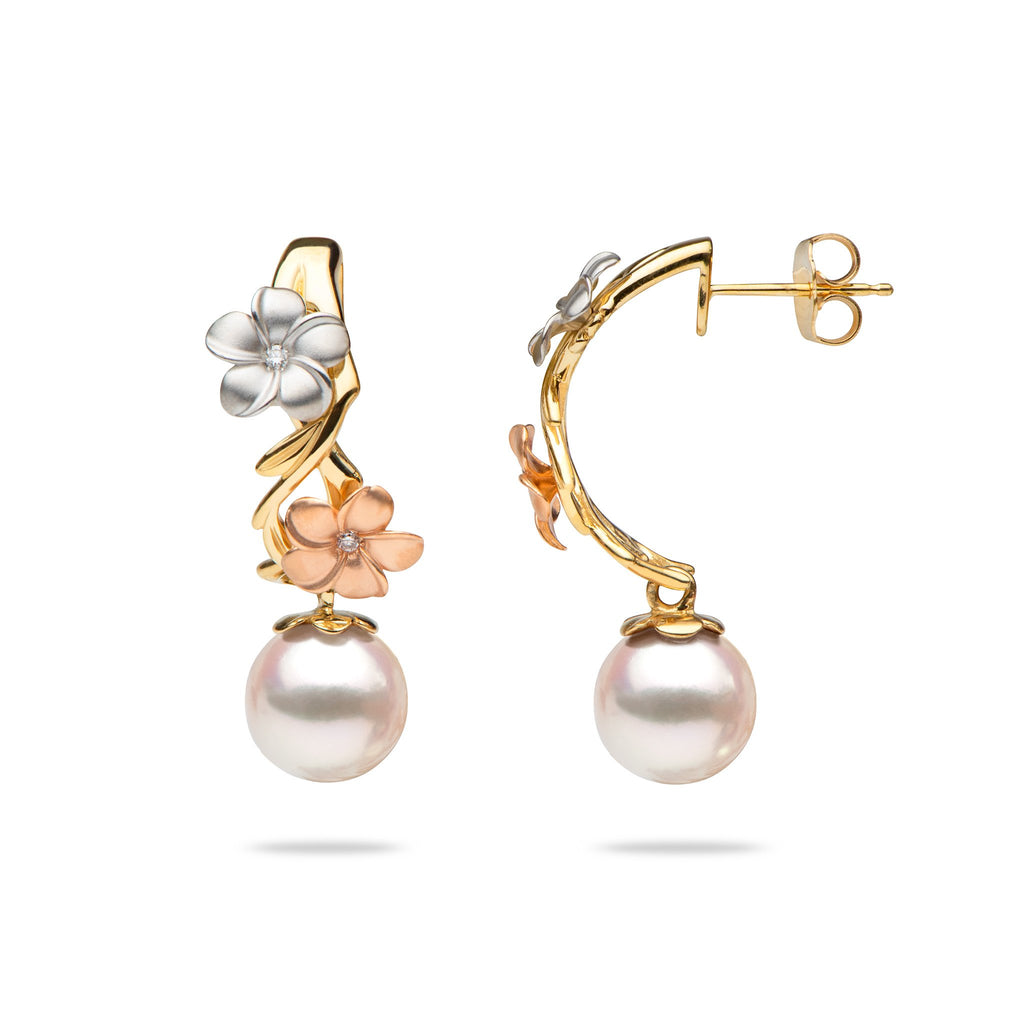 Akoya Pearl Earrings with Diamonds in Gold - Pearls in Bloom - Maui Divers Jewelry