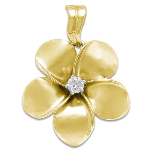 Plumeria Pendant with Diamond in 14K Yellow Gold - 28.5mm