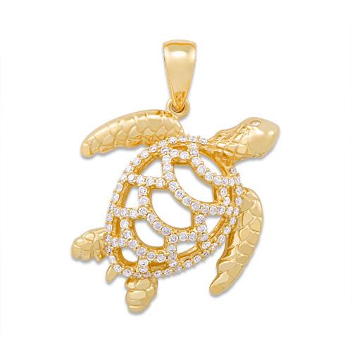 Turtle Pendant with Diamonds in 14K Yellow Gold - Extra Large