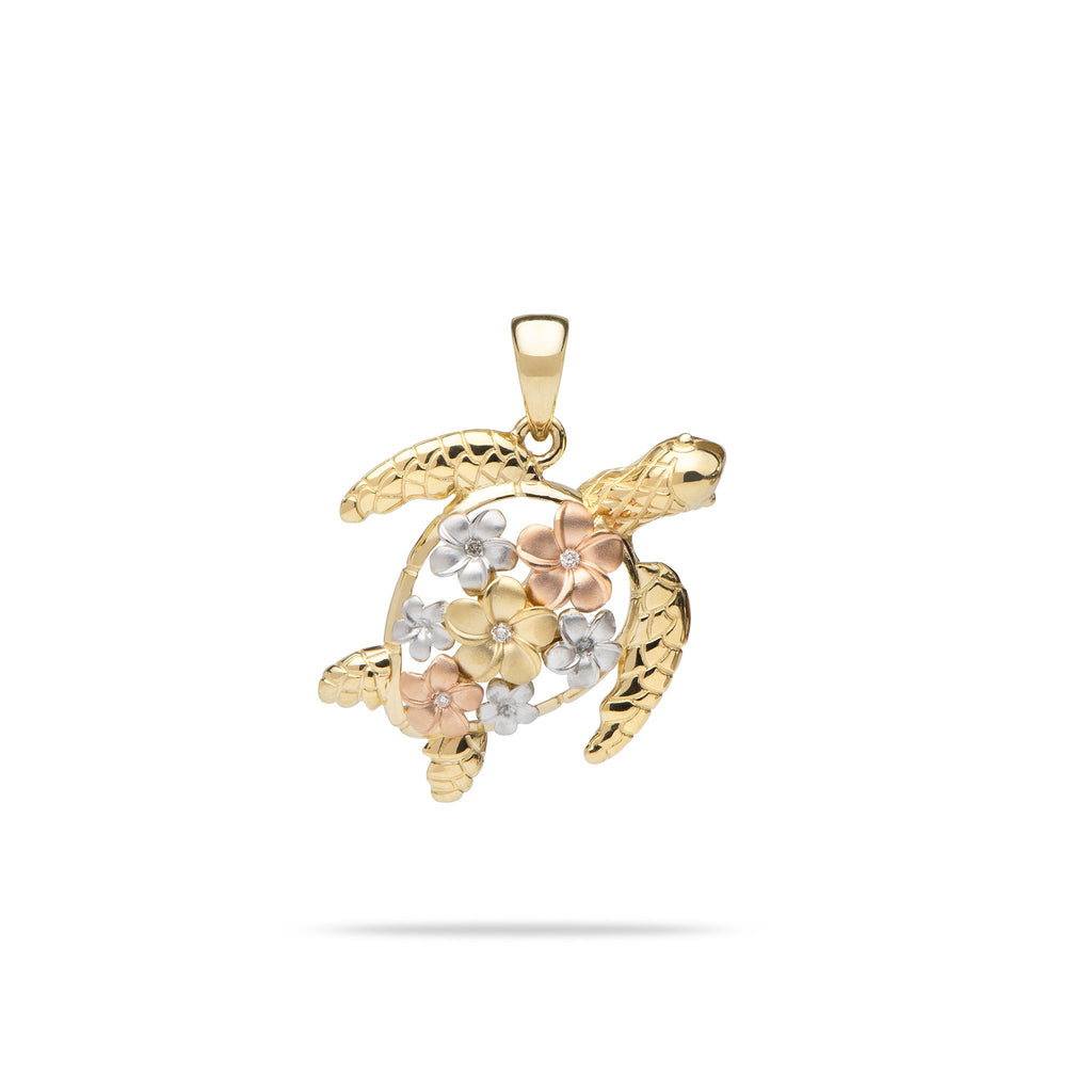 Plumeria Honu (Turtle) Pendant with Diamonds in 14k Tri-Color Gold