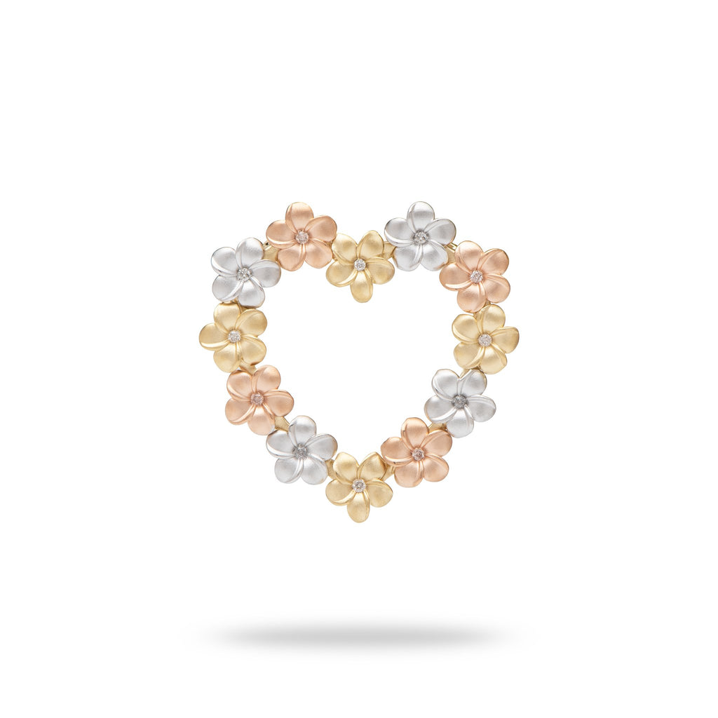 Plumeria Heart Pendant with Diamonds in 14k Tri-Color Gold