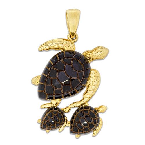 Black Coral Turtle Pendant in 14K Yellow Gold