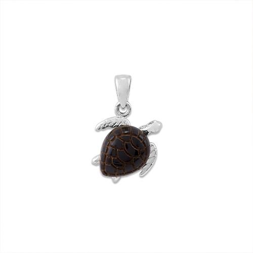 Black Coral Turtle Pendant in 14K White Gold - Small