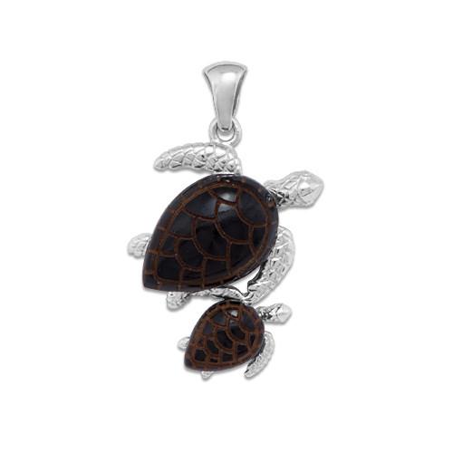 Black Coral Turtle Pendant in 14K White Gold