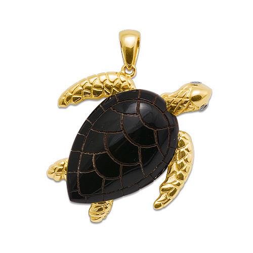 Black Coral Turtle Pendant in 14K Yellow Gold - Extra Extra Large