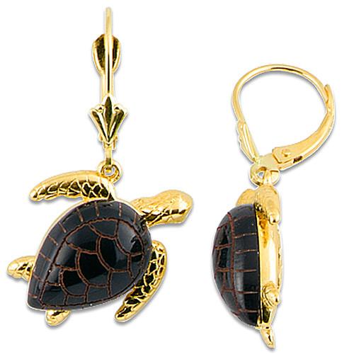 Black Coral Turtle Earrings in 14K Yellow Gold - Medium