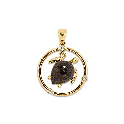 Black Coral Turtle Pendant with Diamonds in 14K Yellow Gold (12mm)