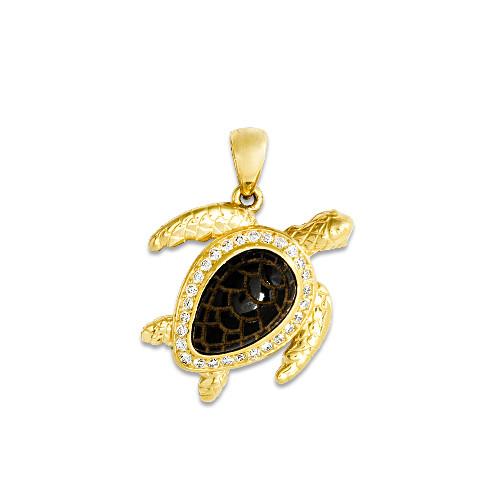 Black Coral Turtle Pendant with Diamonds in 14K Yellow Gold - 18mm
