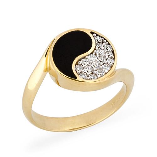 Black Coral Yin Yang Ring with Diamonds in 14K Yellow Gold - 12mm