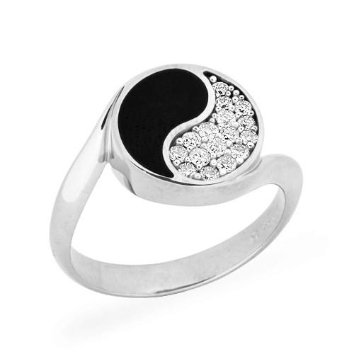 Black Coral Yin Yang Ring with Diamonds in 14K White Gold - 12mm