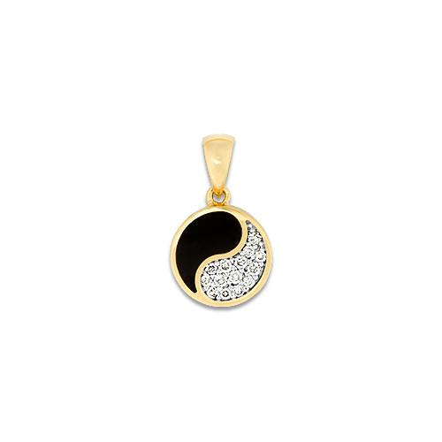 Black Coral Yin Yang Pendant with Diamonds in 14K Yellow Gold - 10mm