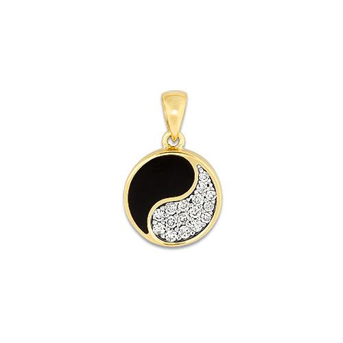 Black Coral Yin Yang Pendant with Diamonds in 14K Yellow Gold - 12mm