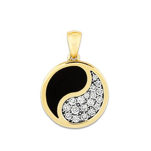 Black Coral Yin Yang Pendant with Diamonds in 14K Yellow Gold - 18.5mm