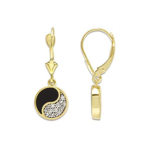 Black Coral Yin Yang Earrings with Diamonds in 14K Yellow Gold - 10mm