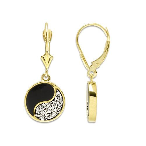 Black Coral Yin Yang Earrings with Diamonds in 14K Yellow Gold - 12mm