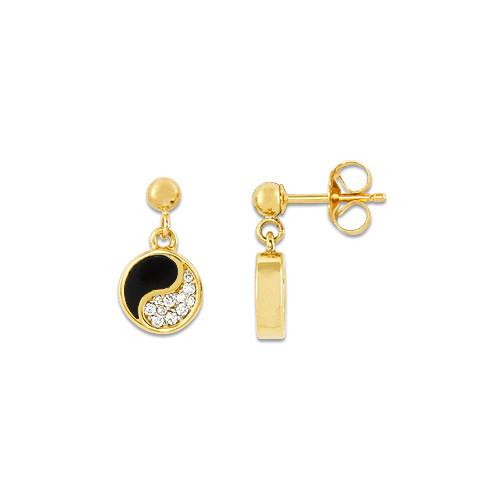 Black Coral Yin Yang Earrings with Diamonds in 14K Yellow Gold - 7.5mm