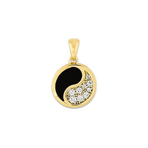 Black Coral Yin Yang Pendant with Diamonds in 14K Yellow Gold - 13mm