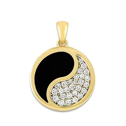 Black Coral Yin Yang Pendant with Diamonds in 14K Yellow Gold - 22mm