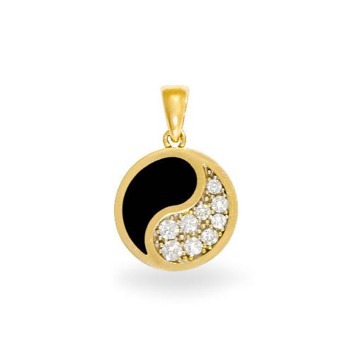 Black Coral Yin Yang Pendant with Diamonds in 14K Yellow Gold - 15mm
