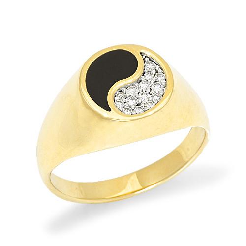Black Coral Yin Yang Ring with Diamonds in 14K Yellow Gold - 10mm