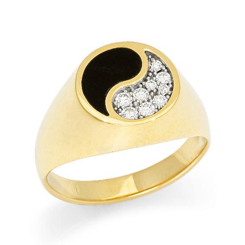Black Coral Yin Yang Ring with Diamonds in 14K Yellow Gold - 13mm