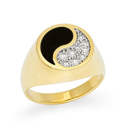 Black Coral Yin Yang Ring with Diamonds in 14K Yellow Gold - 15mm