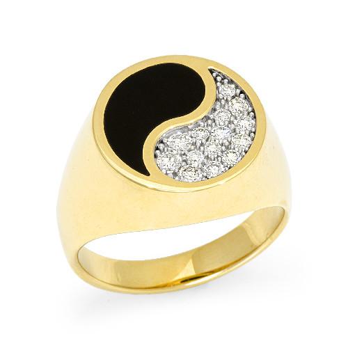 Black Coral Yin Yang Ring with Diamonds in 14K Yellow Gold - 17.5mm