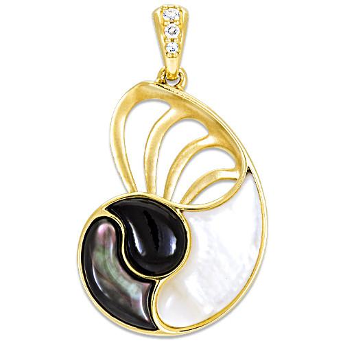 Black Coral with Diamonds and Mother of Pearl Nautilus Pendant in 14K Yellow Gold - 22mm