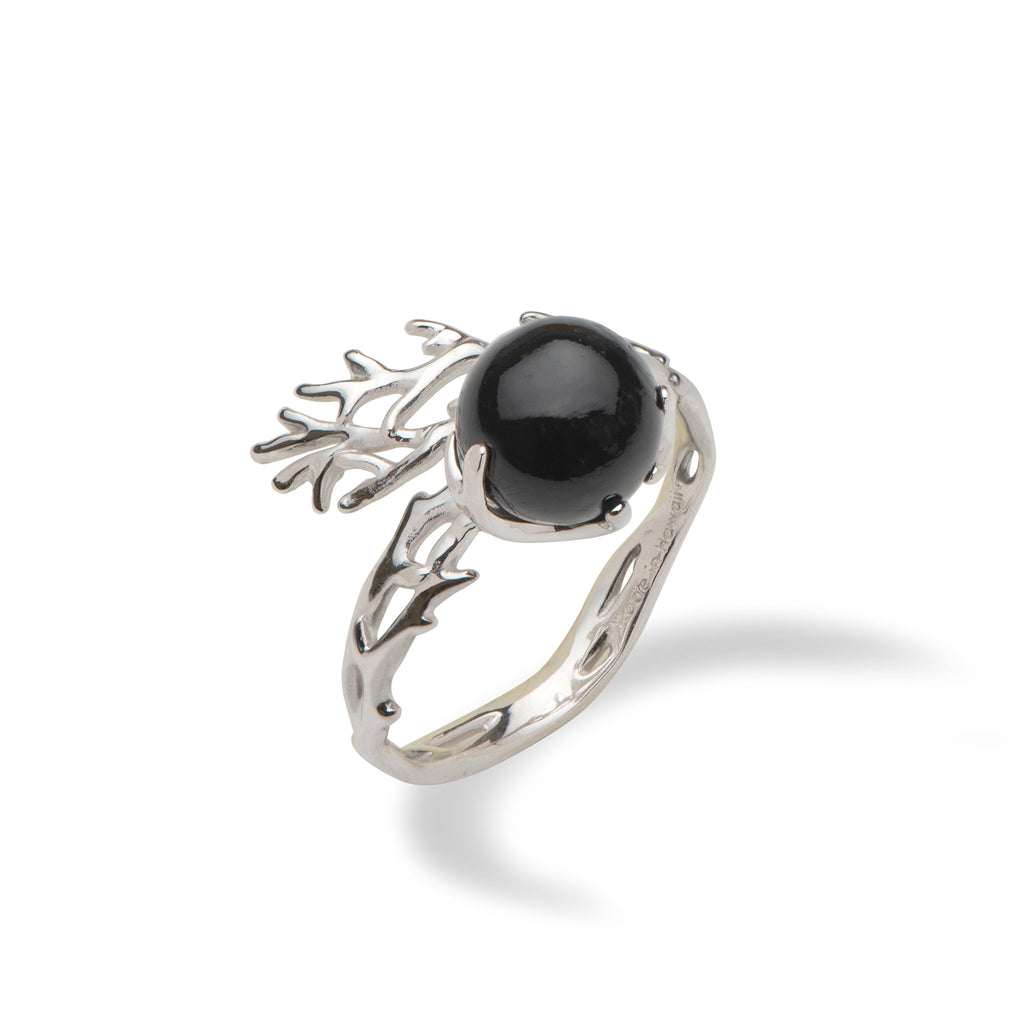 Hawaiian Heritage Black Coral Bypass Ring in 14K White Gold-015-07019