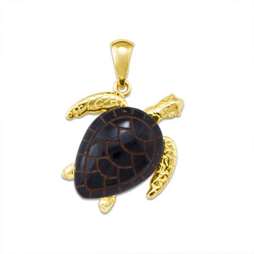 Black Coral Turtle Pendant in 14K Yellow Gold - Large