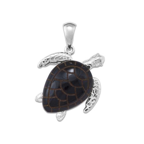 Black Coral Turtle Pendant in 14K White Gold - Large
