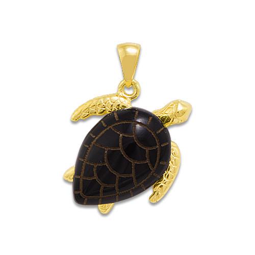 Black Coral Turtle Pendant in 14K Yellow Gold - Medium